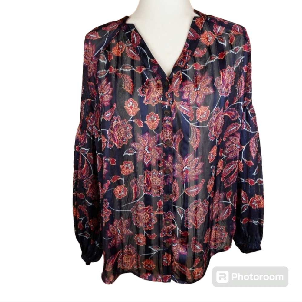 Democracy Black Sheer Red Floral Button Up Top Balloon Sleeves Size Medium